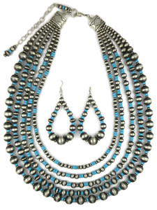 Five Strand Graduated Turquoise & Silver Bead Necklace Set (NK4634)