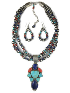 Kingman Turquoise, Lapis & Spiny Oyster Shell Heart Necklace Set (NK4744) Kingman Turquoise, Lapis & Spiny Oyster Shell Heart Necklace Set (NK4744)