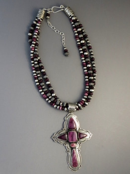 Three Strand Purple Spiny Oyster Shell Cross Necklace By Albert Jake