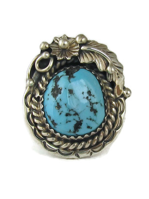 Kingman Turquoise & Sterling Silver Leaf Navajo Ring Size 7.5 (RG9584)