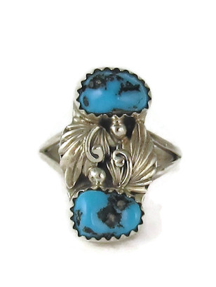 Kingman Turquoise & Sterling Silver Leaf Navajo Ring Size 6 (RG9592)