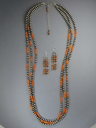 Three Strand Orange Spiny Oyster Shell Silver Bead Necklace 36