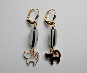 Black and white enamel cat earrings