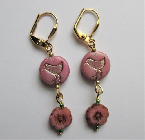 Pink bird and flower earrings