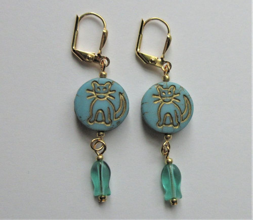 Aqua Czech glass coins with embossed cat design and tiny glass fish beads