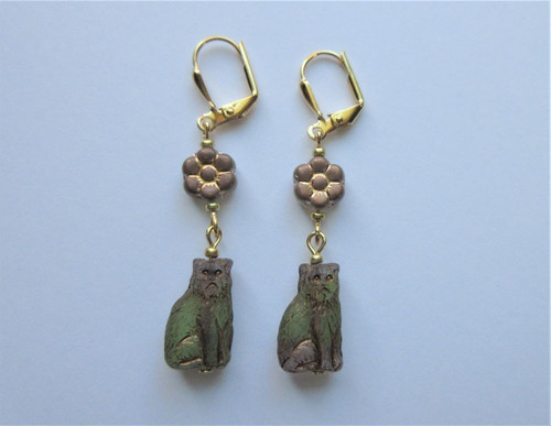 Light Green Czech Glass Cat Earrings. A great gift for cat moms!