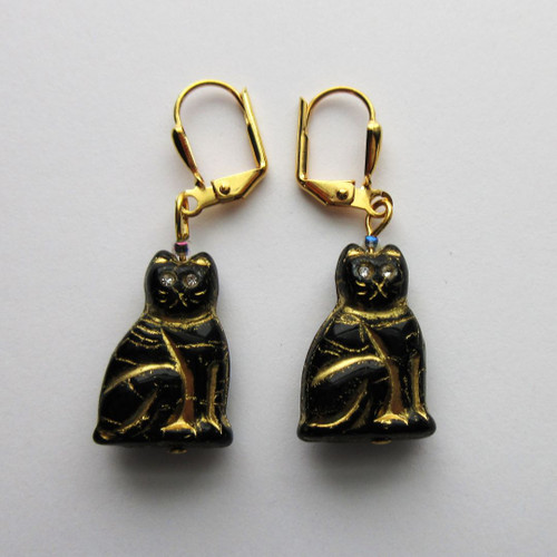 Earrings: Black Czech glass cats with rhinestone eyes. A great gift for cat lovers