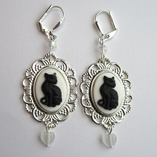 Light weight Black on White Kitty Cameo Earrings - a great accessory for cat ladies!