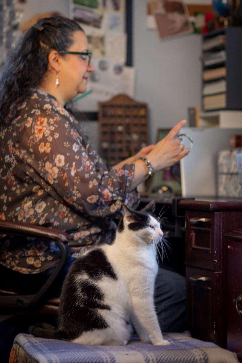 Jewelry designer Cindy Battisti with Tuxedo cat Zubin