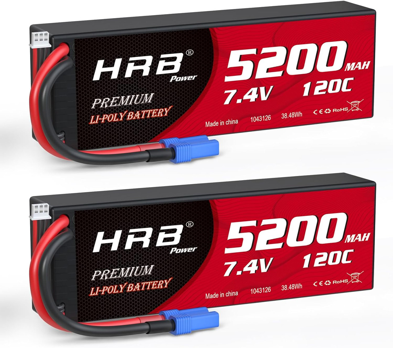 HRB 2packs 2S 5200mAh Lipo Battery with EC5 Plug 7.4V 120C Hardcase RC Lipo