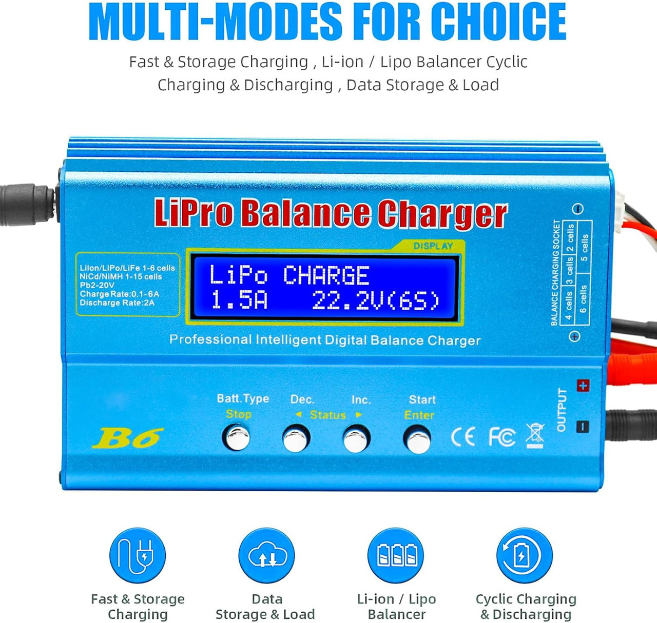 LiPo Battery Charger, Smart Charger Discharger, Built-in Balancer for 1S-6S LiPo/Li-ion/Life & 1S-15S NiCd/NiMH, LCD Display