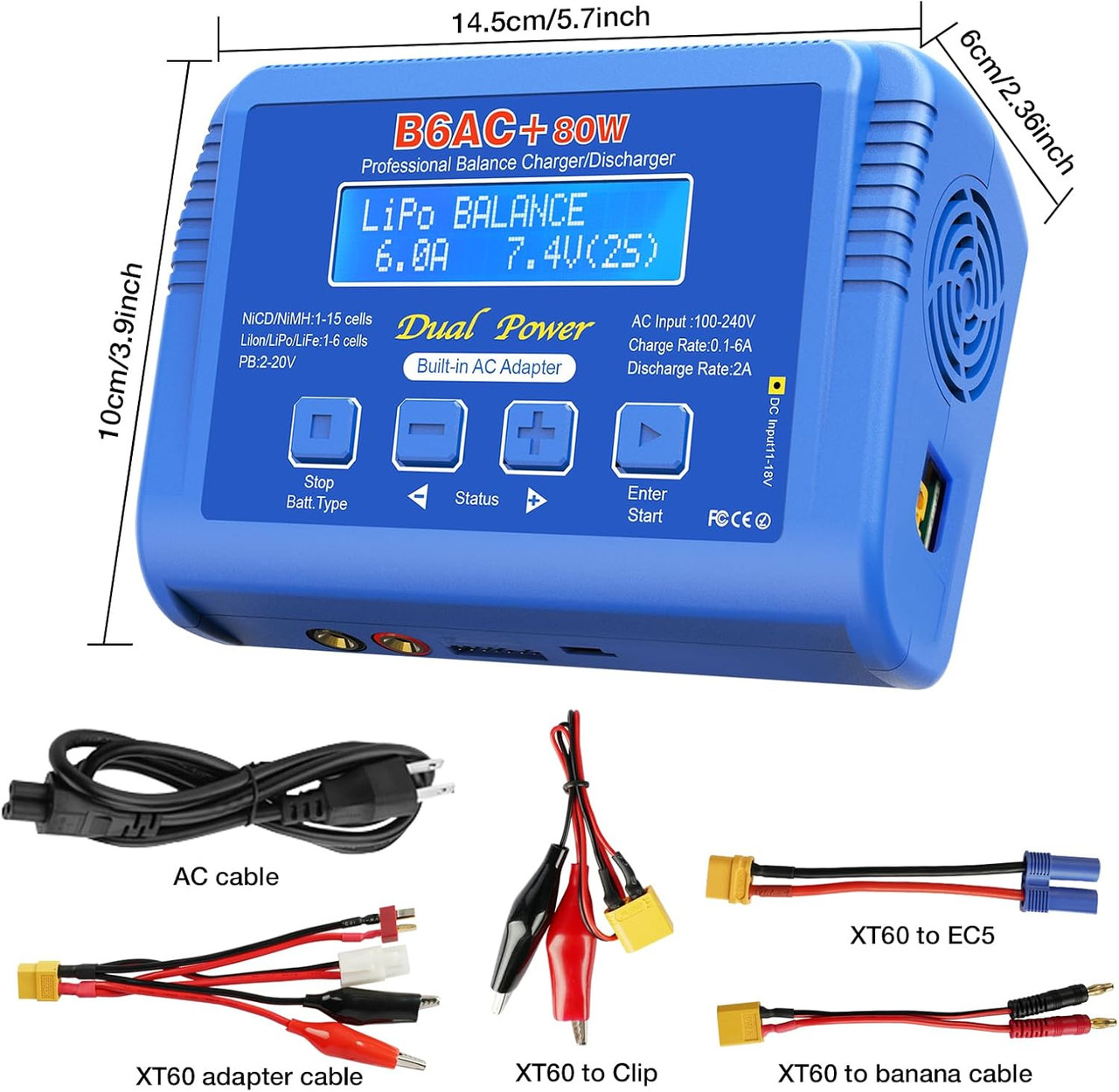 B6AC 80W Lipo Battery Balance Charger 6A Discharger, RC Hobby LiPo/Li-ion/Life NiMH/NiCd Digital Battery Balance Charger with AC Power Supply