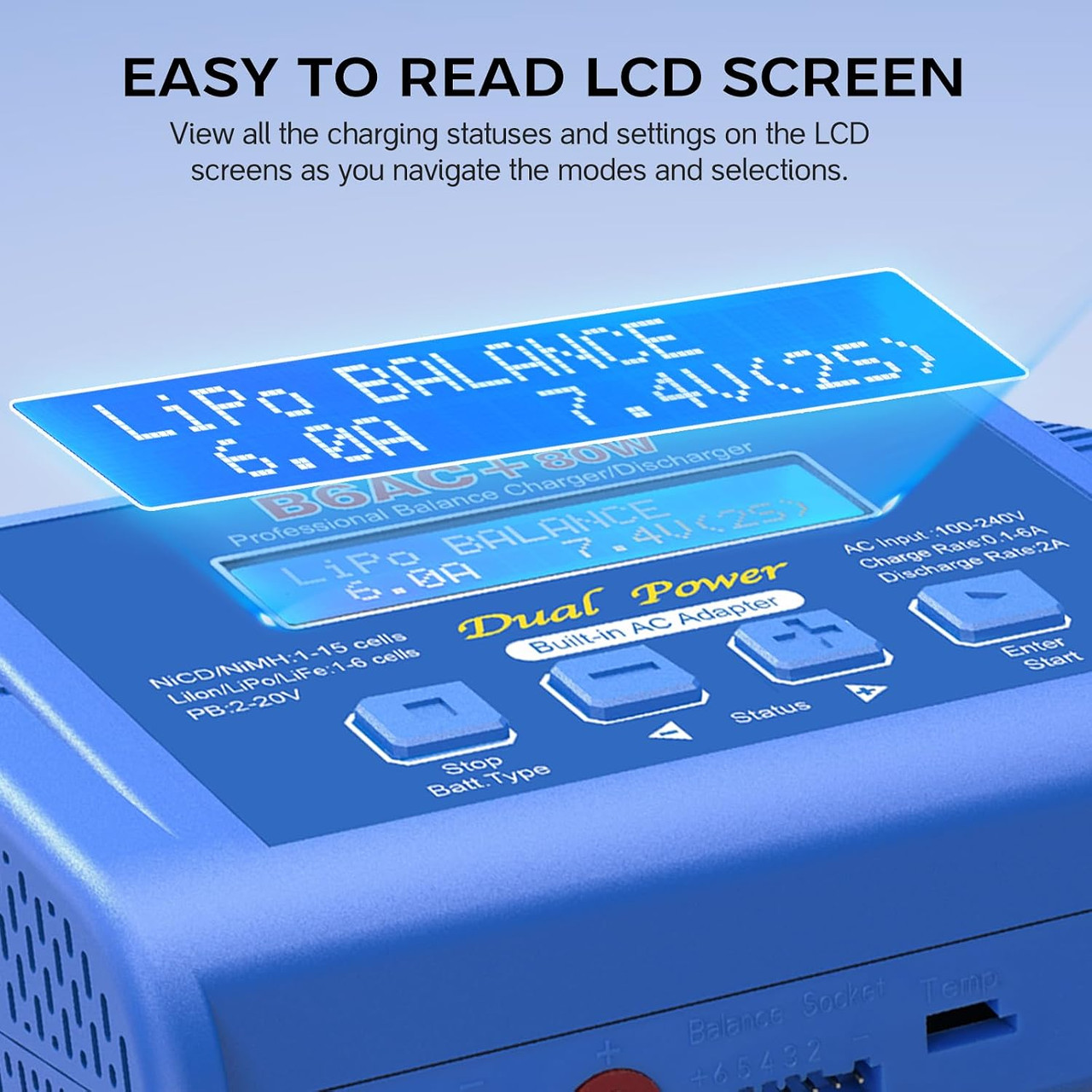 B6AC 80W Lipo Battery Balance Charger 6A Discharger, RC Hobby LiPo/Li-ion/Life NiMH/NiCd Digital Battery Balance Charger with AC Power Supply