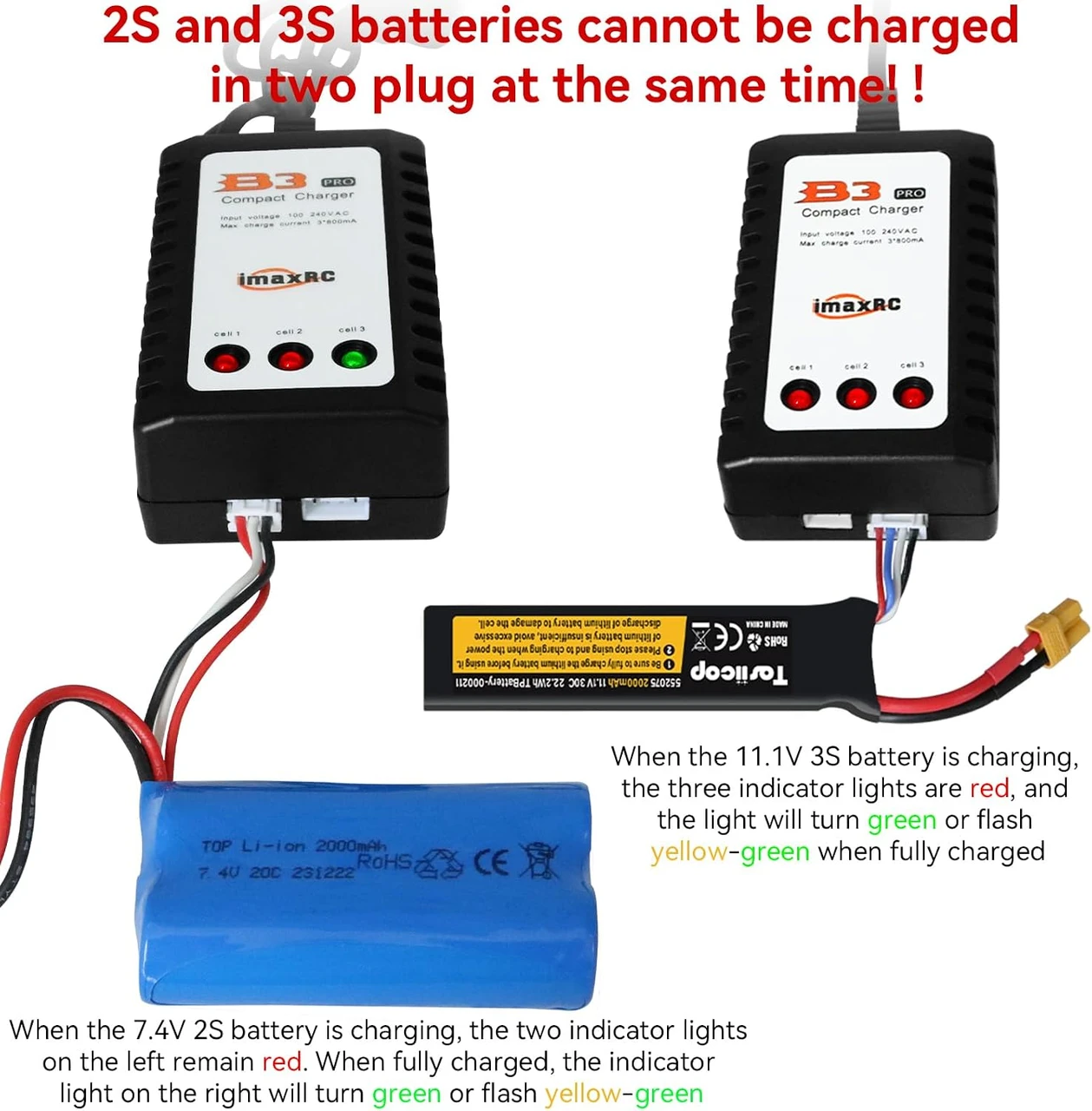 B3 Lipo Battery Charger - 2S 3S RC Balance Chargers AC 7.4-11.1V 10W with XH3P XH4P Plug for RC Car Batteries Drone Boat Airplane Truck Quadcopter Airsoft SCX24 SCX10