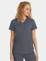 Left side view of Healing Hands Purple Label Women's Jane Y-Neck Scrub Top 2167 in Pewter