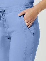 Front pocket detail of Healing Hands Purple Label Women's Taylor Drawstring Bootcut Scrub Pant 9095 in Ciel