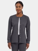 Front view of Healing Hands Purple Label Women's Daisy Snap-Up Scrub Jacket 5063 in Pewter