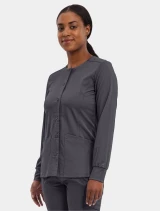 Right side view of Healing Hands Purple Label Women's Daisy Snap-Up Scrub Jacket 5063 in Pewter