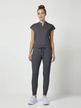 Full-length model view of Healing Hands Purple Label Women's Toby Drawstring Jogger Scrub Pant 9244 in Pewter