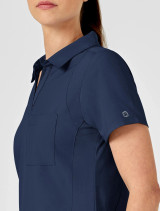Left collar view of the women's Wink W123 scrub top #6955 in navy.