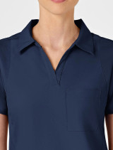 Collar view of the women's Wink W123 scrub top #6955 in navy.