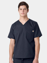 A front view from the waist up of a healthcare worker wearing the Carhartt mens scrub top C15108 in navy