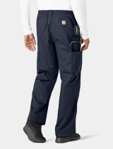 A side view from the waist down of the right leg on the Carhartt mens scrub pant C54108 in navy