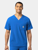 A front view from the waist up of a healthcare worker wearing the Carhartt mens scrub top C16110 in royal