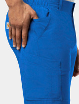 A close up view of the right pocket on the Carhartt mens scrub pant C56110 in royal