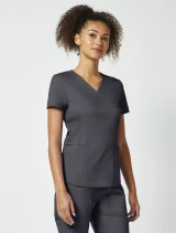Right side view of Cherokee Workwear Revolution Women's Petite V-Neck Scrub Top WW612P in Pewter
