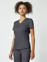 Left side view of Cherokee Workwear Revolution Women's Petite V-Neck Scrub Top WW612P in Pewter