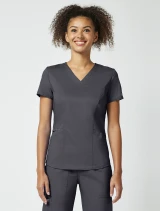 Front view of Cherokee Workwear Revolution Women's Petite V-Neck Scrub Top WW612P in Pewter