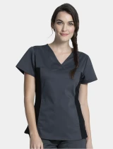 Front view of Cherokee Workwear Revolution Women's V-Neck Knit Panel Scrub Top WW2875 in Pewter