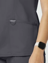 Logo label and bungee loop detail of Cherokee Workwear Revolution Women's Mock Wrap Scrub Top WW610 in Pewter
