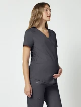 Right side view of Cherokee Workwear Revolution Women's Maternity Mock Wrap Scrub Top WW688 in Pewter