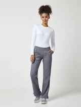Full-length model view of Cherokee Workwear Revolution Women's Straight Leg Pull-On Cargo Scrub Pant WW110 in Pewter