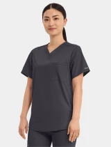 Left side view of Cherokee Workwear Revolution Unisex V-Neck Scrub Top WW625 in Pewter