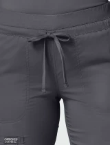 Waistband close-up of Cherokee Workwear Revolution Women's Straight Leg Drawstring Cargo Scrub Pant WW105 in Pewter
