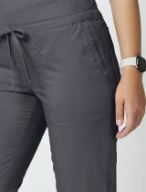 Front pocket detail of Cherokee Workwear Revolution Women's Straight Leg Drawstring Cargo Scrub Pant WW105 in Pewter