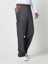 Right side view of Cherokee Workwear Revolution Men's Fly Front Tapered Leg Cargo Scrub Pant WW140 in Pewter