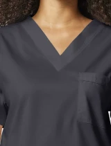 V-neck close-up of Cherokee Workwear Core Stretch Unisex 4 Pocket V-Neck Scrub Top 4725 in Pewter