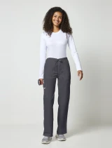 Full-length model view of Cherokee Workwear Core Stretch Unisex Drawstring Straight Leg Cargo Scrub Pant 4043 in Pewter