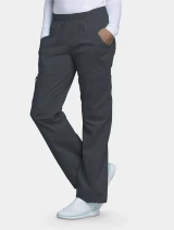 Left side view of Cherokee Workwear Core Stretch Women's Mid Rise Pull-On Straight Leg Cargo Scrub Pant 4005 in Pewter