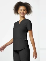 Side view of Cherokee Workwear Professionals Women's V-Neck Top #WW665 in Black