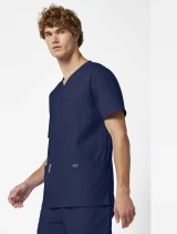 Side view of Cherokee Workwear Professionals Men's V-Neck Top #WW695 in Navy