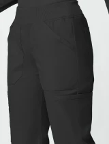 Front pocket detail of Cherokee Workwear Professionals Women's Mid Rise Pull-On Cargo Pant #WW170 in Black