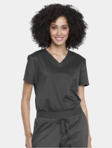 Tucked-in front view of Cherokee Workwear Revolution Women's Tuckable V-Neck O.R. Scrub Top WW657 in Pewter