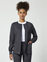 Front view of Cherokee Workwear Revolution Women's Snap Front Warm-Up Scrub Jacket WW310 in Pewter