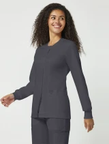 Left side view of Cherokee Workwear Revolution Women's Snap Front Warm-Up Scrub Jacket WW310 in Pewter