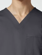 V-neck close-up of Cherokee Workwear Revolution Men's Tuckable V-Neck Scrub Top WW690 in Pewter